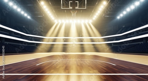 Empty basketball court with bright stadium lights and wooden floor