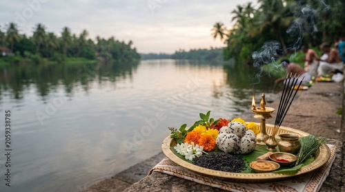 Karkidaka Vavu Bali, ritual offering plate with sesame seeds, flowers and incense smoke arranged elegantly