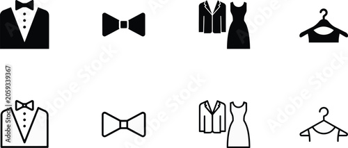 Foto Fashion apparel icons set, tuxedo bow tie dress and hanger symbols vector artwor
