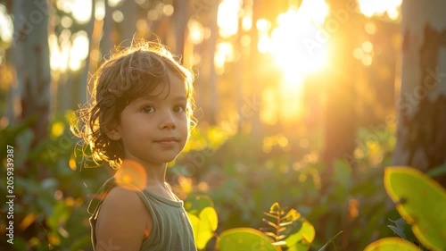 Child illuminated by golden sunlight in a lush forest scene