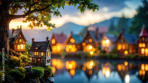 Miniature fairytale houses, sunlit, by water, hills background
