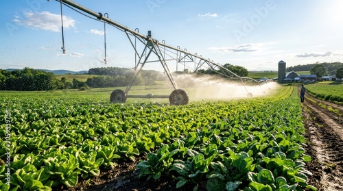 A large center pivot irrigation system sprays water across a vibrant green field of leafy crops. A farmer walks along a furrow in the field.