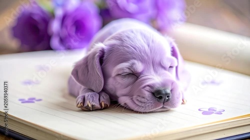 A dreamy purple puppy sleeps on a book with flowers