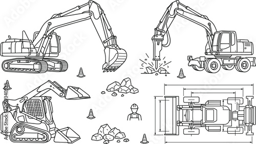 Foto Excavator heavy machinery line art vector set with hydraulic breaker skid steer