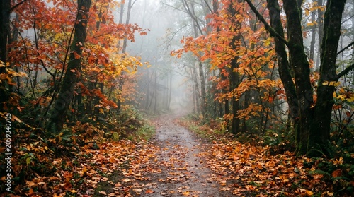 Beautiful path in a foggy autumn forest with golden leaves on the ground during a moody fall morning in the woods