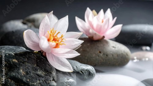 Lotus blossoms rest on river stones; a tranquil spa-like scene