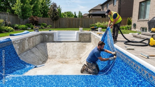 Two construction workers are installing a blue vinyl liner into a concrete swimming pool. One worker is carefully stretching the liner over the pool walls while the other secures it with a tool.