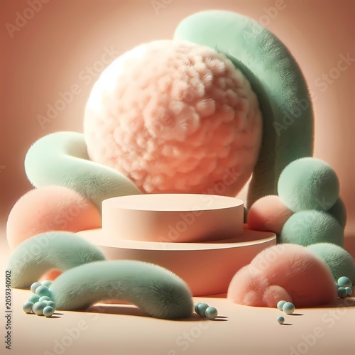 Minimalist Fuzzy Plush Product Podium with Soft Furry Shapes