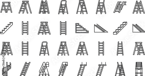 Stepladder and Extension Ladder Line Icon Set with Stairs Construction Step Stool and Scaffold Symbols for Hardware Store Website Graphic Designs