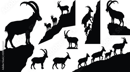 Wild Alpine Ibex and Mountain Goat Silhouette Vector Icon Set with Horned Animals Climbing Rocky Cliffs for Wildlife and Nature Graphic Designs
