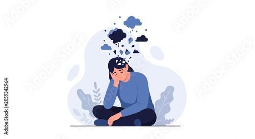 Woman suffering from mental distress and anxiety, mental breakdown illustration