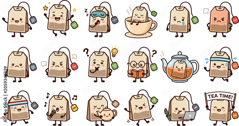 Fototapeta premium Cute tea bag cartoon mascot vector set featuring happy characters brewing in cup teapot sleeping singing reading studying exercising and holding tea time sign