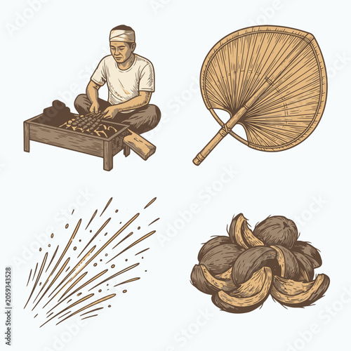 Vector chef illustration with hand fan heat relief concept.