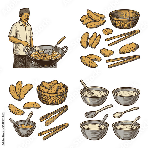 Vector chef preparing bread dough ingredients bowls.
