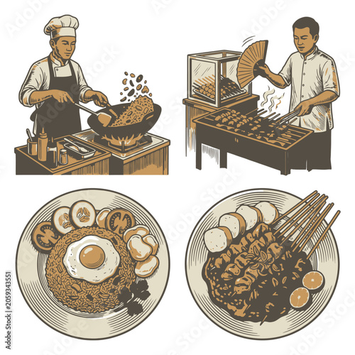 Vector chefs cooking and serving plated meals illustration.
