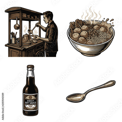 Vector fast food fries set with bottle and serving spoon.