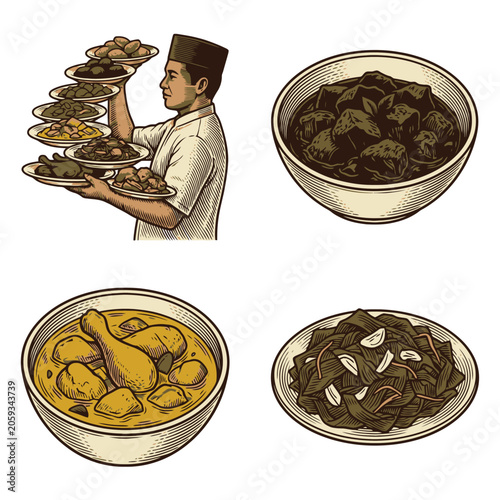 Vector illustration of four bowls foods for nutrition and diet planning.
