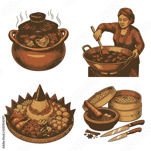 Vector illustration of woman cooking spiced stew in clay pot.