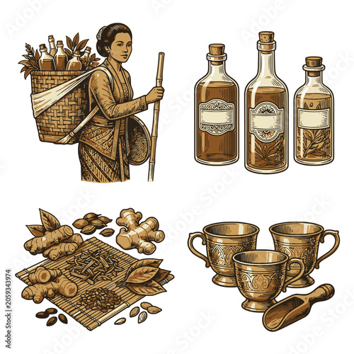 Vintage apothecary herbal medicine bottles set vector illustration.