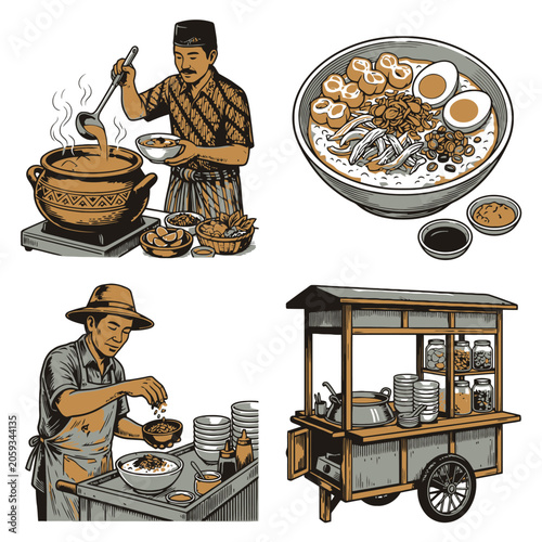 Vintage street food cart vector illustration with noodle vendor bowls and sauces.