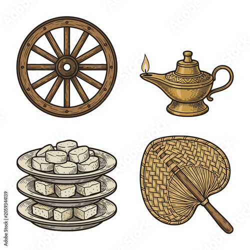 Vintage travel objects vector set wheel coins brass lamp fan.
