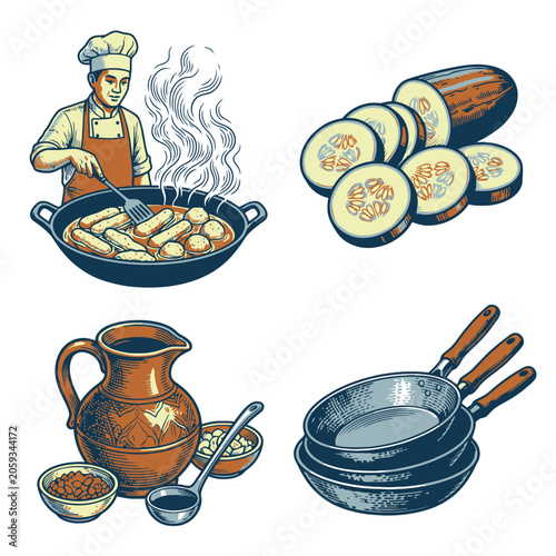 Vintage vector cooking ingredients with chef and served dishes set.