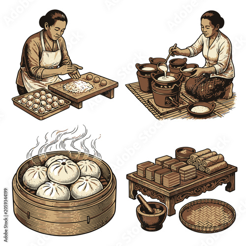 Vintage vector dim sum and tea cooking set.