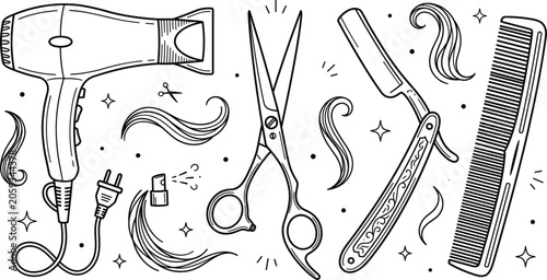 Bild auf Leinwand Hairdresser tools vector illustration set line art drawing with hair dryer sciss