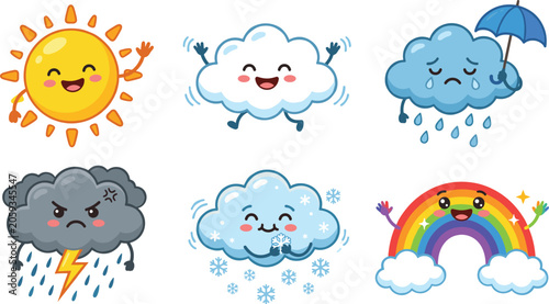 Cute weather mascot vector set featuring happy cartoon sun smiling cloud crying rainy cloud with umbrella angry lightning storm snowflake and colorful rainbow