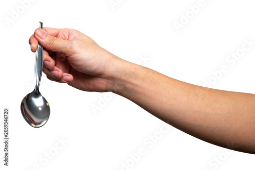 Male hand holding a black plastic spoon isolated on white background.