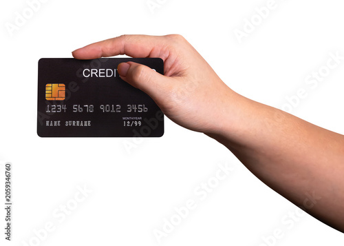 Man hand hold black credit card isolated on white background with a clipping path.