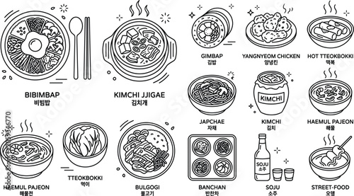 Foto Korean food line art vector set with bibimbap kimchi bulgogi tteokbokki gimbap s