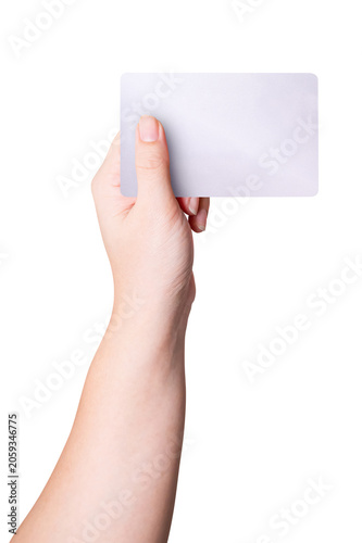 A close-up man hand holds a silver card isolated on white background with a clipping path.