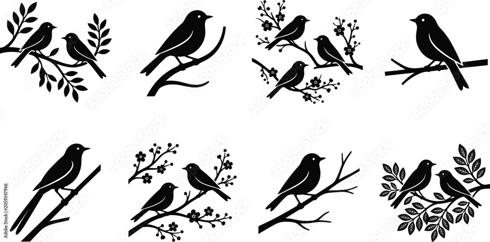 Fototapeta premium Vector Black Silhouette Set of Songbirds and Romantic Bird Couples Perching on Spring Cherry Blossom Branches