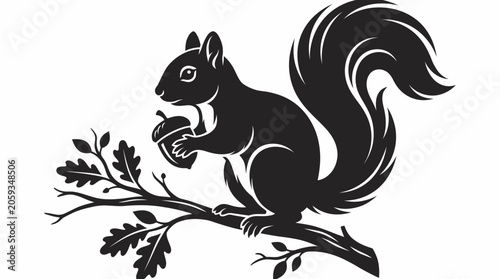Black and white vector illustration of a squirrel sitting on an oak branch holding an acorn