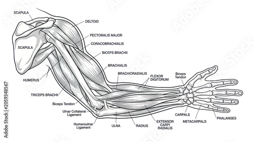 Foto Anatomical diagram of human arm muscles and skeletal structure