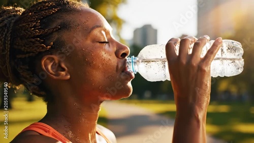 Sweaty African American Woman Hydrating with Water After an Intense Outdoor Workout in a Sunny Park.