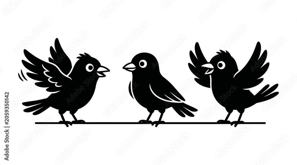 Obraz premium Three Black Bird Silhouettes Singing and Talking on a Wire