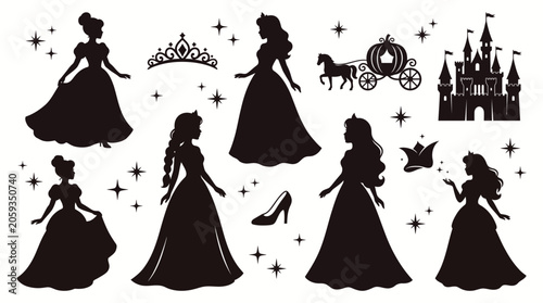 Obraz na płótnie Princess Silhouette Vector Set with Castle Carriage and Magic Icons