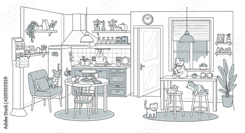 Cozy kitchen interior with cute cats for printable adult coloring pages sheet