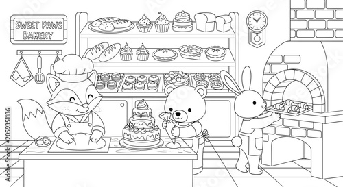 Cute animal bakers in a kitchen scene for children coloring pages