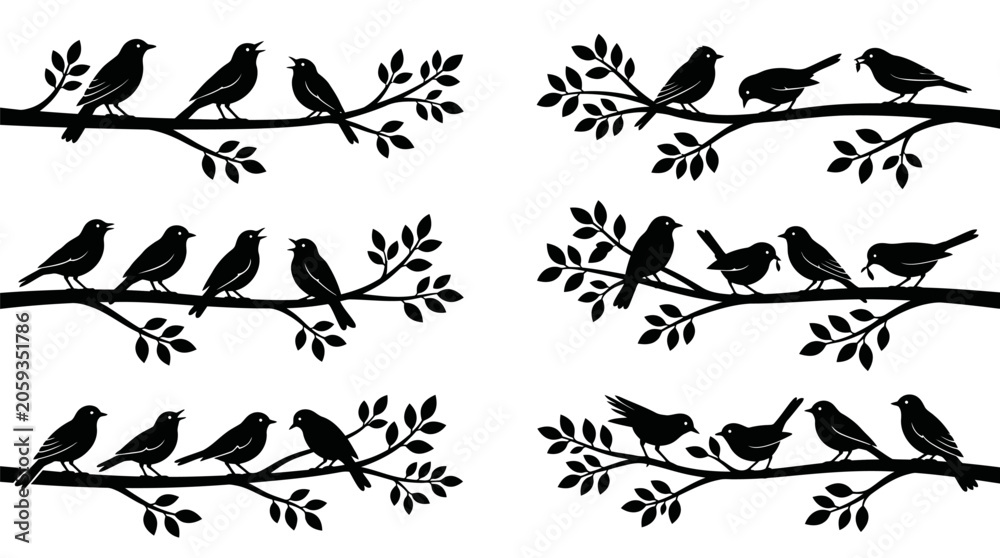 Fototapeta premium Black bird silhouettes perched on multiple tree branches for nature design