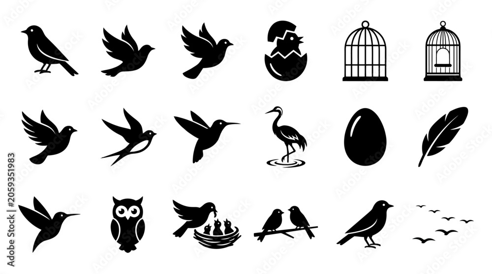 Fototapeta premium Set of Bird Silhouettes and Avian Icons for Nature and Wildlife Design
