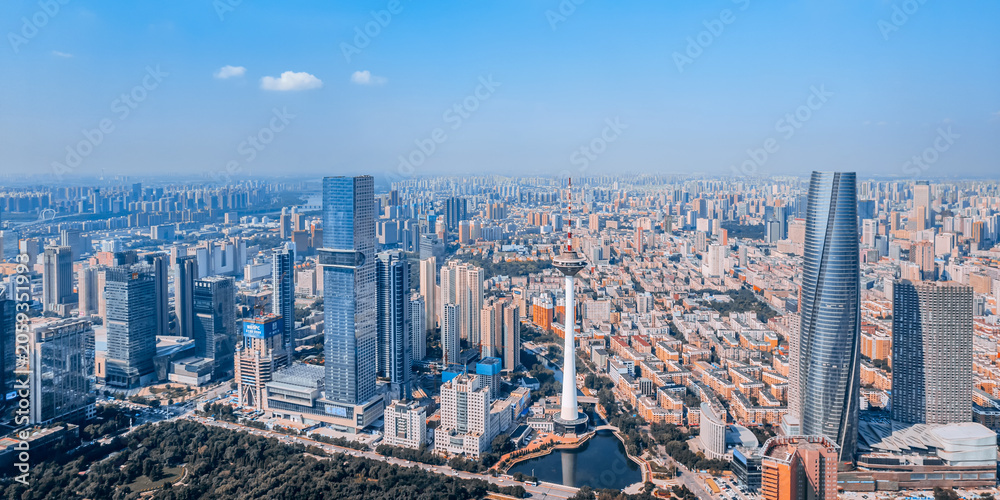 Fototapeta premium Aerial photography of the color TV tower city CBD in Shenyang, Liaoning, China