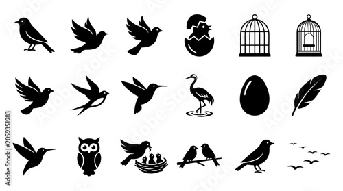 Schilderij op canvas Set of Bird Silhouettes and Avian Icons for Nature and Wildlife Design