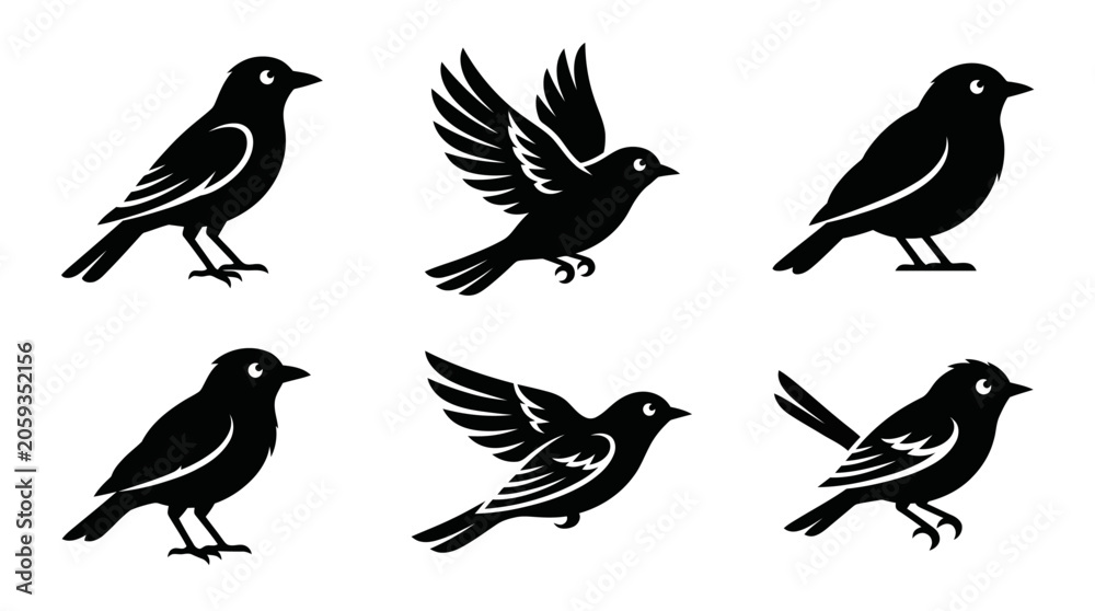 Obraz premium Minimalist black bird vector icons collection for graphic design projects