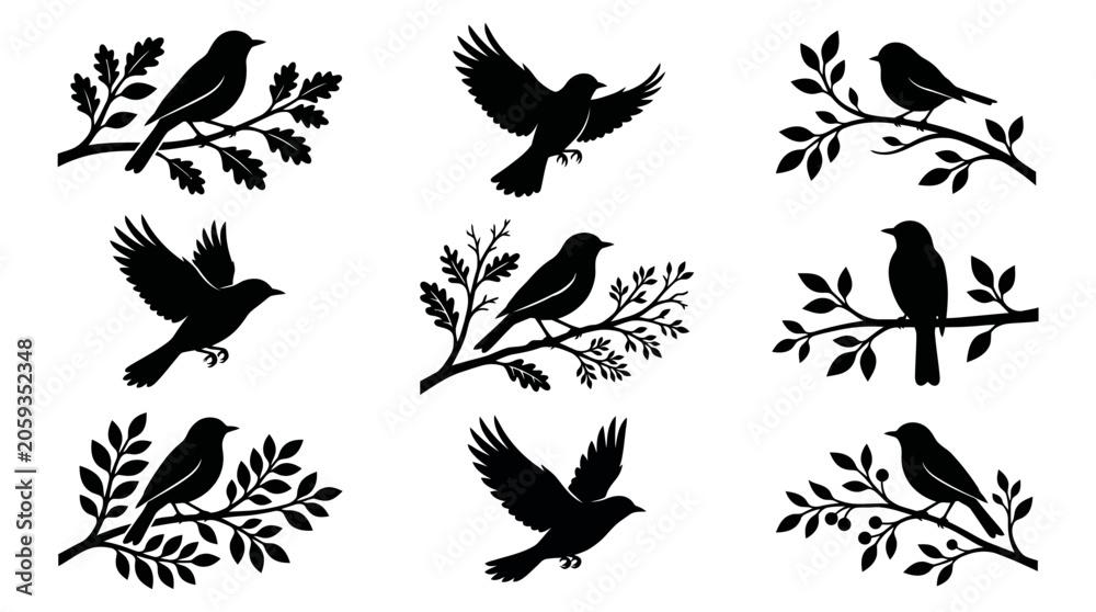 Obraz premium Black bird silhouettes sitting on tree branches and flying