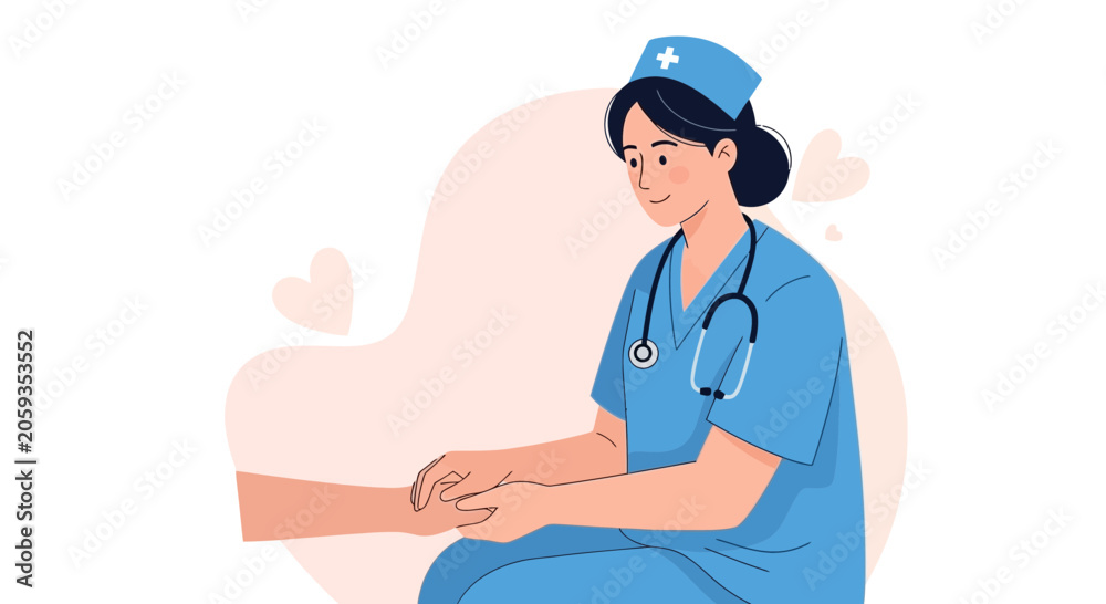Fototapeta premium Caring Nurse Holding Patient's Hand with Stethoscope and Heart Symbol - Vector Illustration