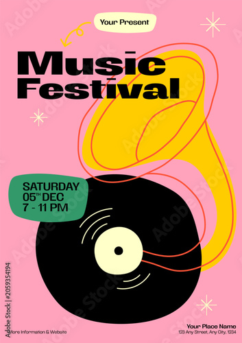 Retro music festival poster and flyer template design with vinyl record and vintage gramophone horn on pink background. Design element suitable for party and concert event, print. Vector illustration