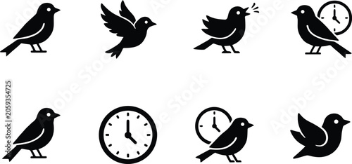 Tableau sur toile Bird Icons Showing Different Poses And A Clock On White Background birds flying